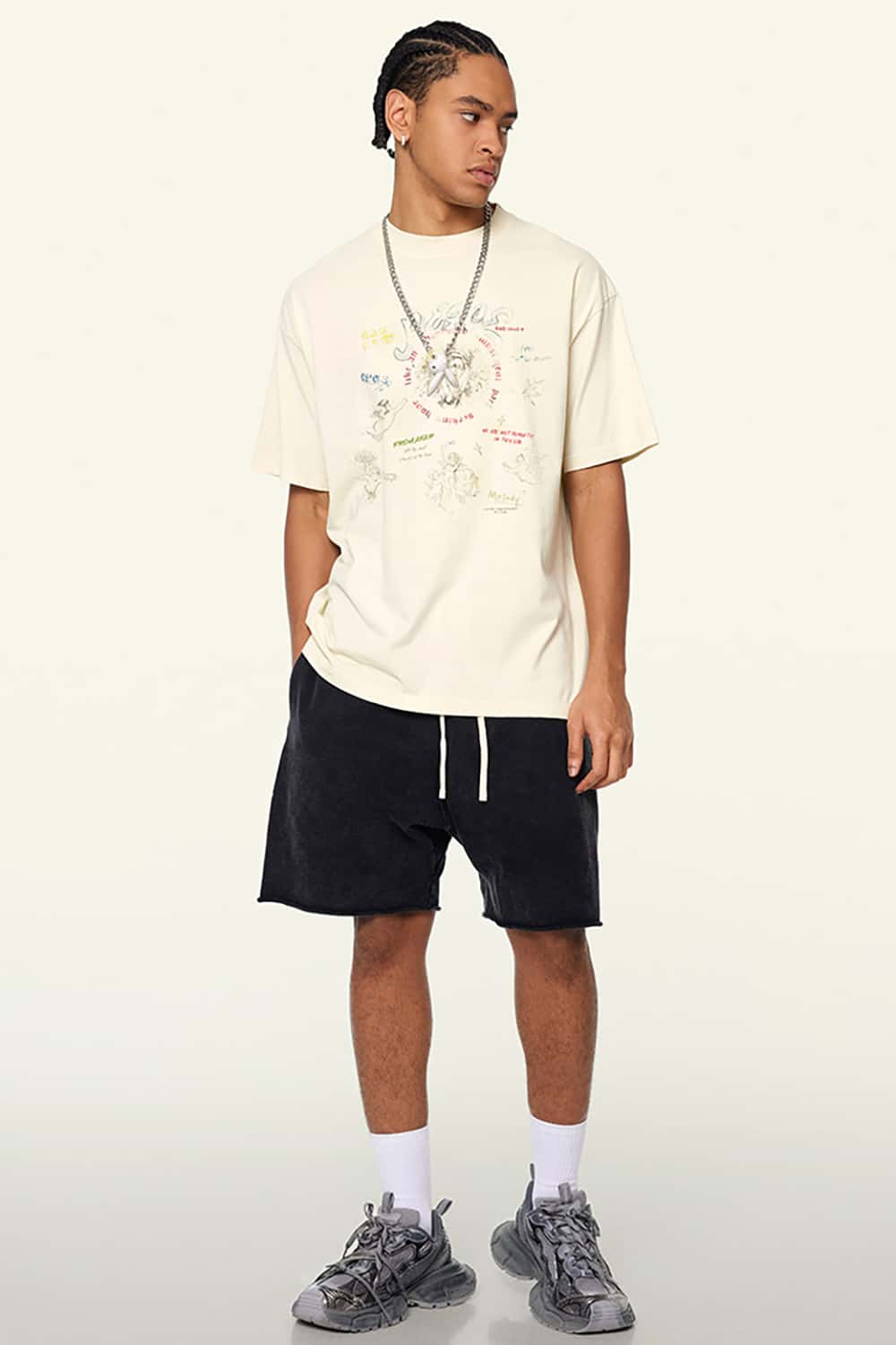 Vintage Wash Angel Print Round Neck Short Sleeve Streetwear T-Shirt