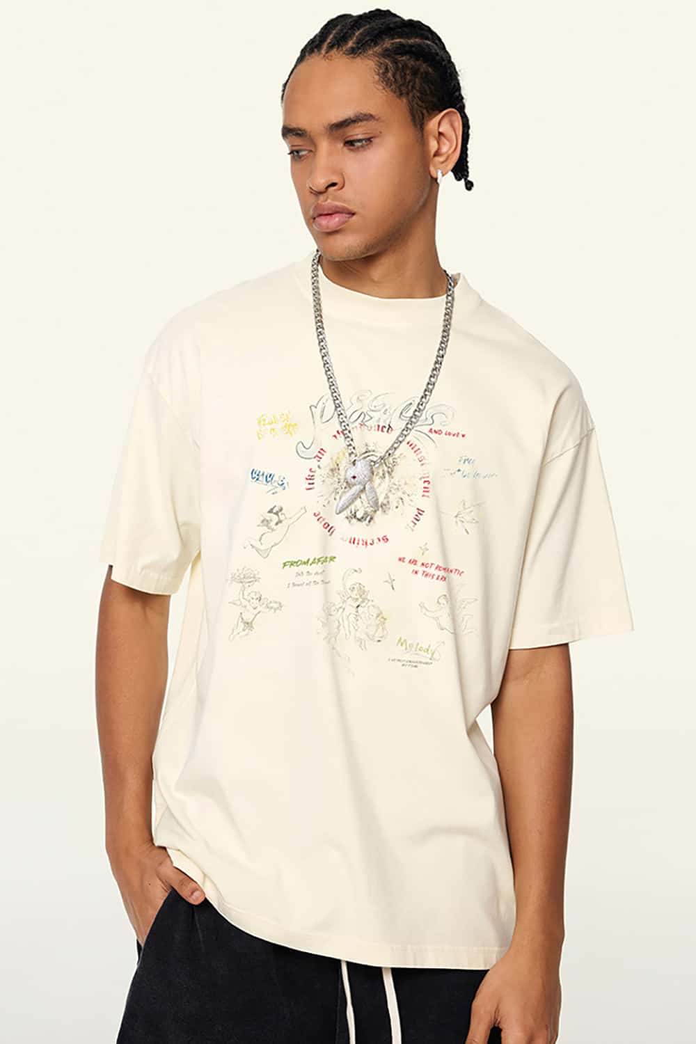 Vintage Wash Angel Print Round Neck Short Sleeve Streetwear T-Shirt