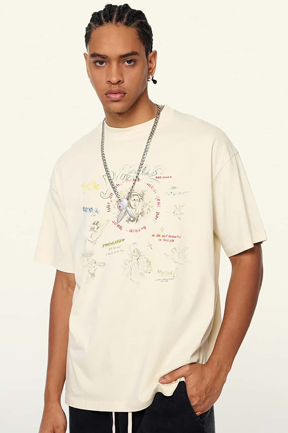 Vintage Wash Angel Print Round Neck Short Sleeve Streetwear T-Shirt