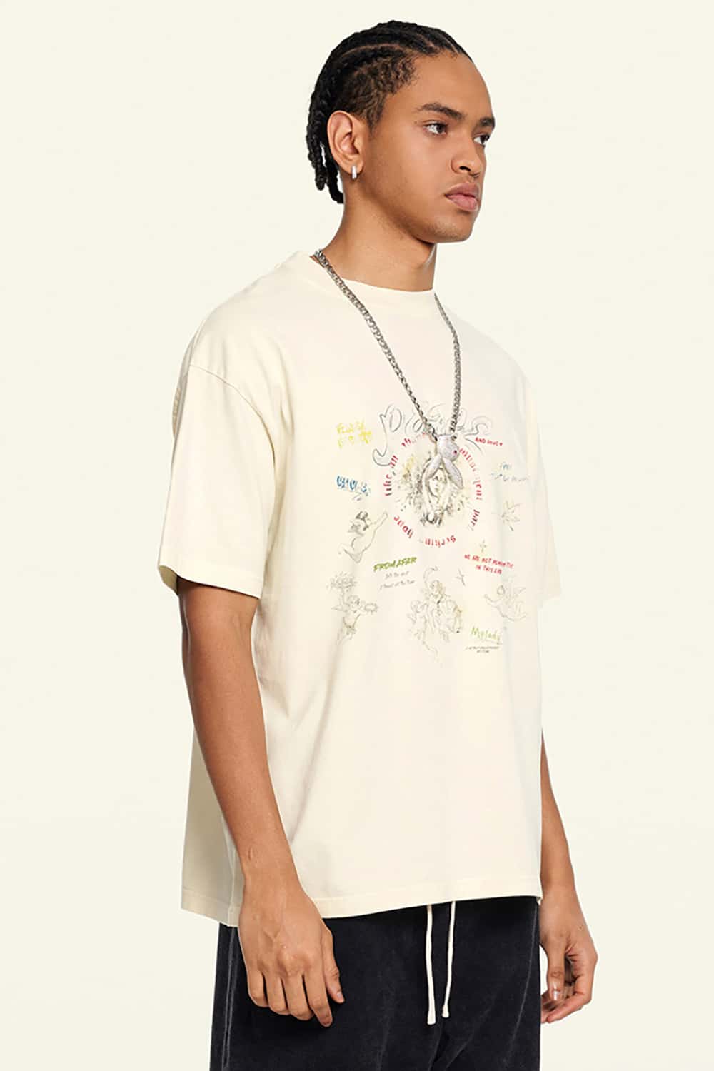 Vintage Wash Angel Print Round Neck Short Sleeve Streetwear T-Shirt