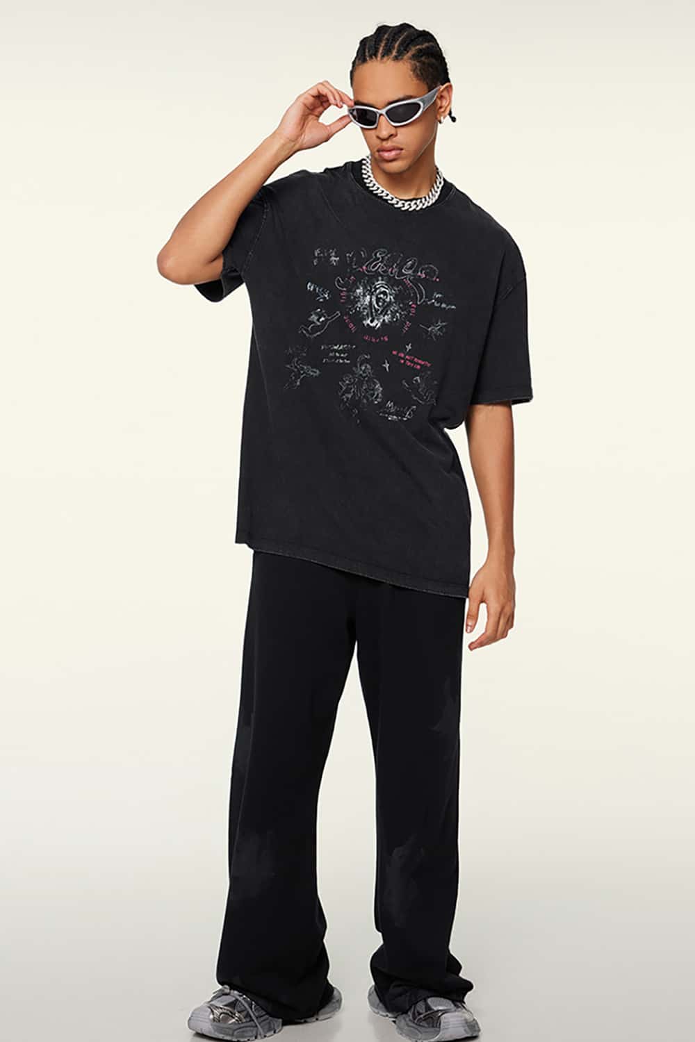 Vintage Wash Angel Print Round Neck Short Sleeve Streetwear T-Shirt