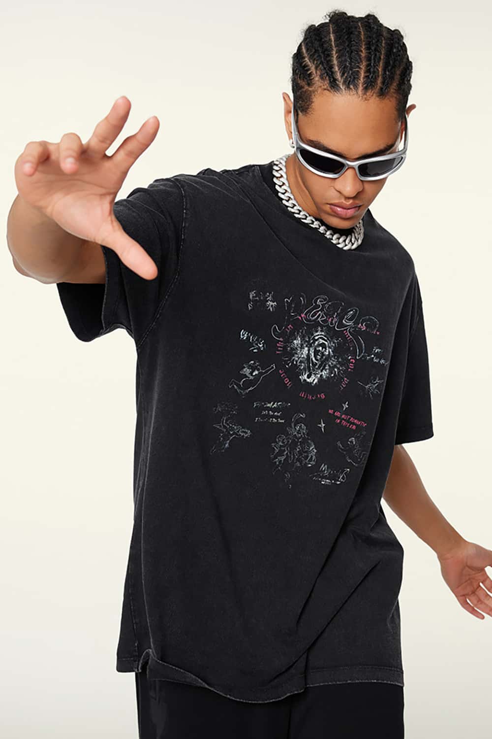 Vintage Wash Angel Print Round Neck Short Sleeve Streetwear T-Shirt