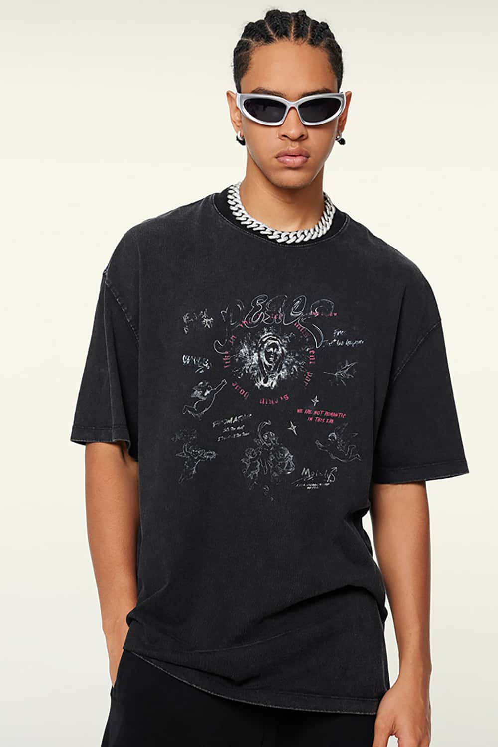 Vintage Wash Angel Print Round Neck Short Sleeve Streetwear T-Shirt