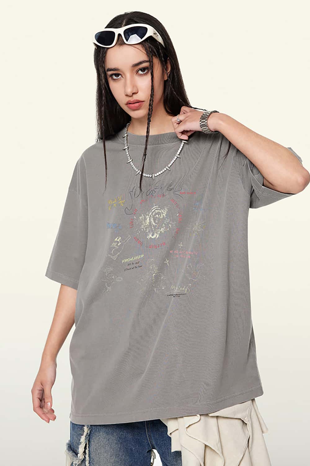 Vintage Wash Angel Print Round Neck Short Sleeve Streetwear T-Shirt