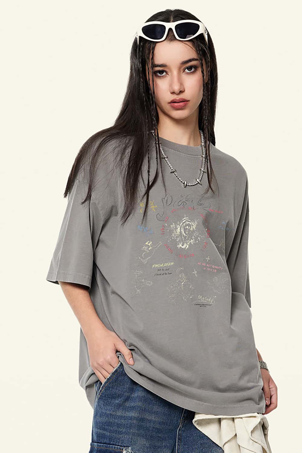 Vintage Wash Angel Print Round Neck Short Sleeve Streetwear T-Shirt