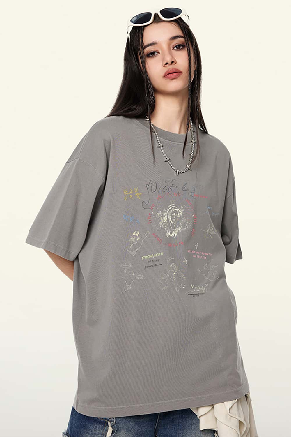 Vintage Wash Angel Print Round Neck Short Sleeve Streetwear T-Shirt