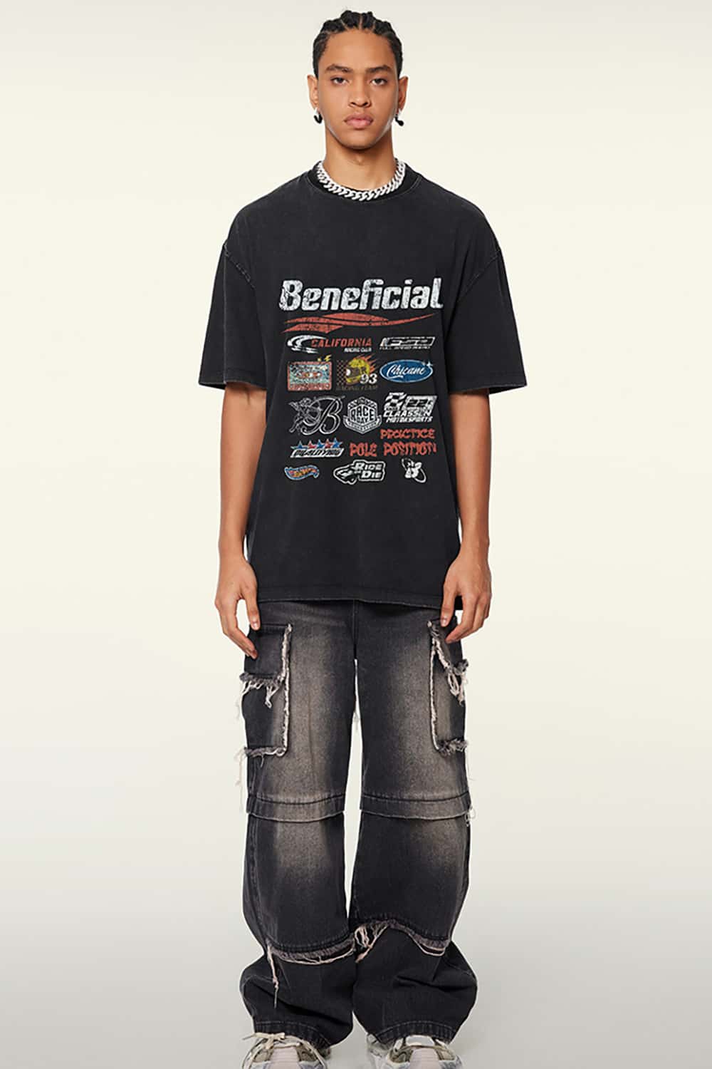 High Street Washed Vintage Loose-Fit Racing Logo Dark Short Sleeve T-Shirt