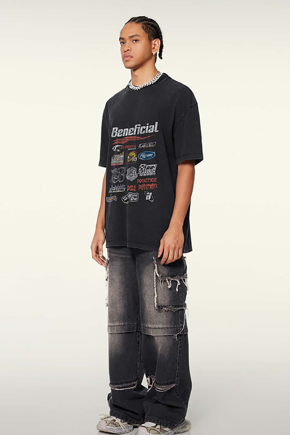 High Street Washed Vintage Loose-Fit Racing Logo Dark Short Sleeve T-Shirt