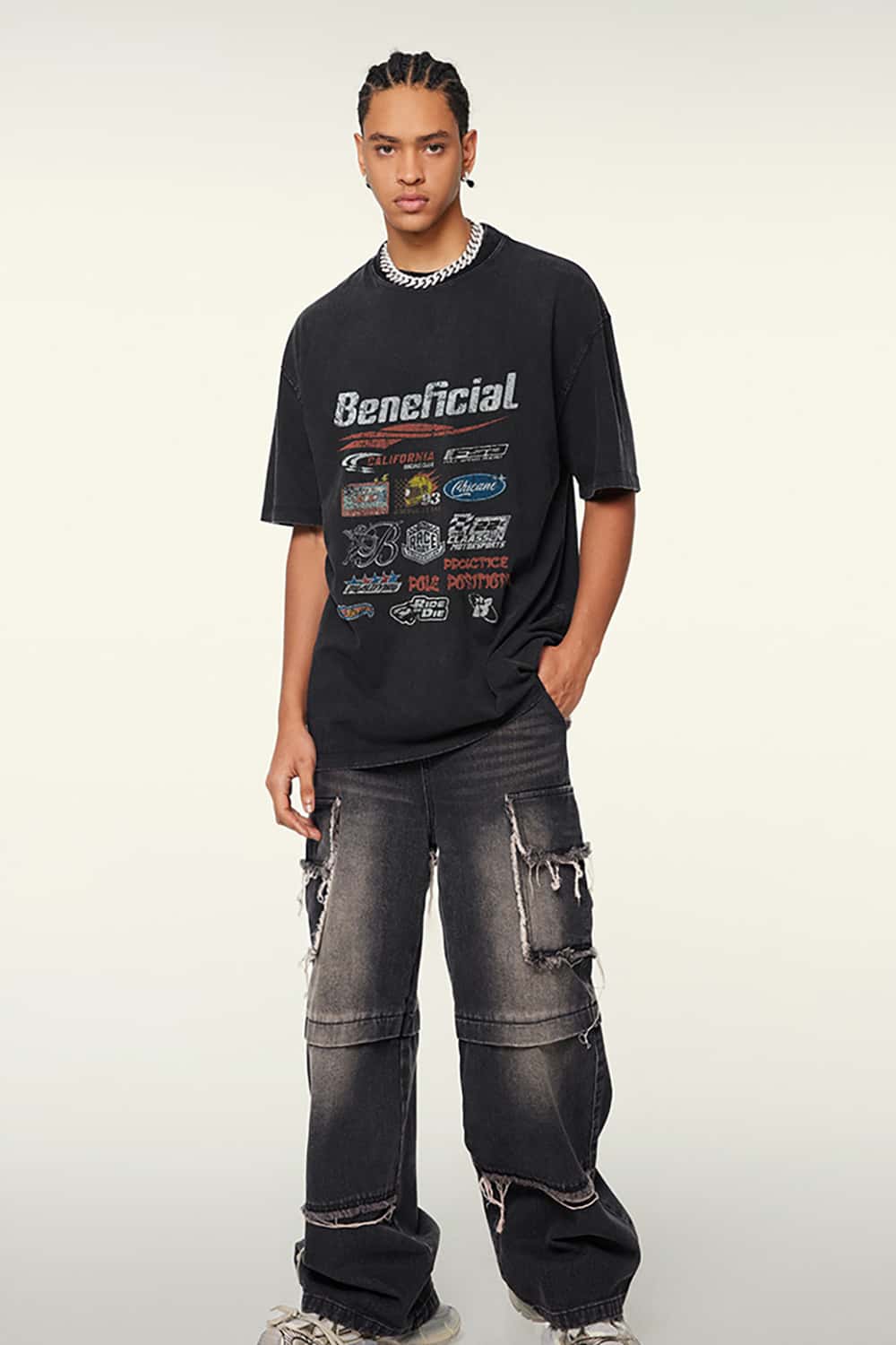 High Street Washed Vintage Loose-Fit Racing Logo Dark Short Sleeve T-Shirt