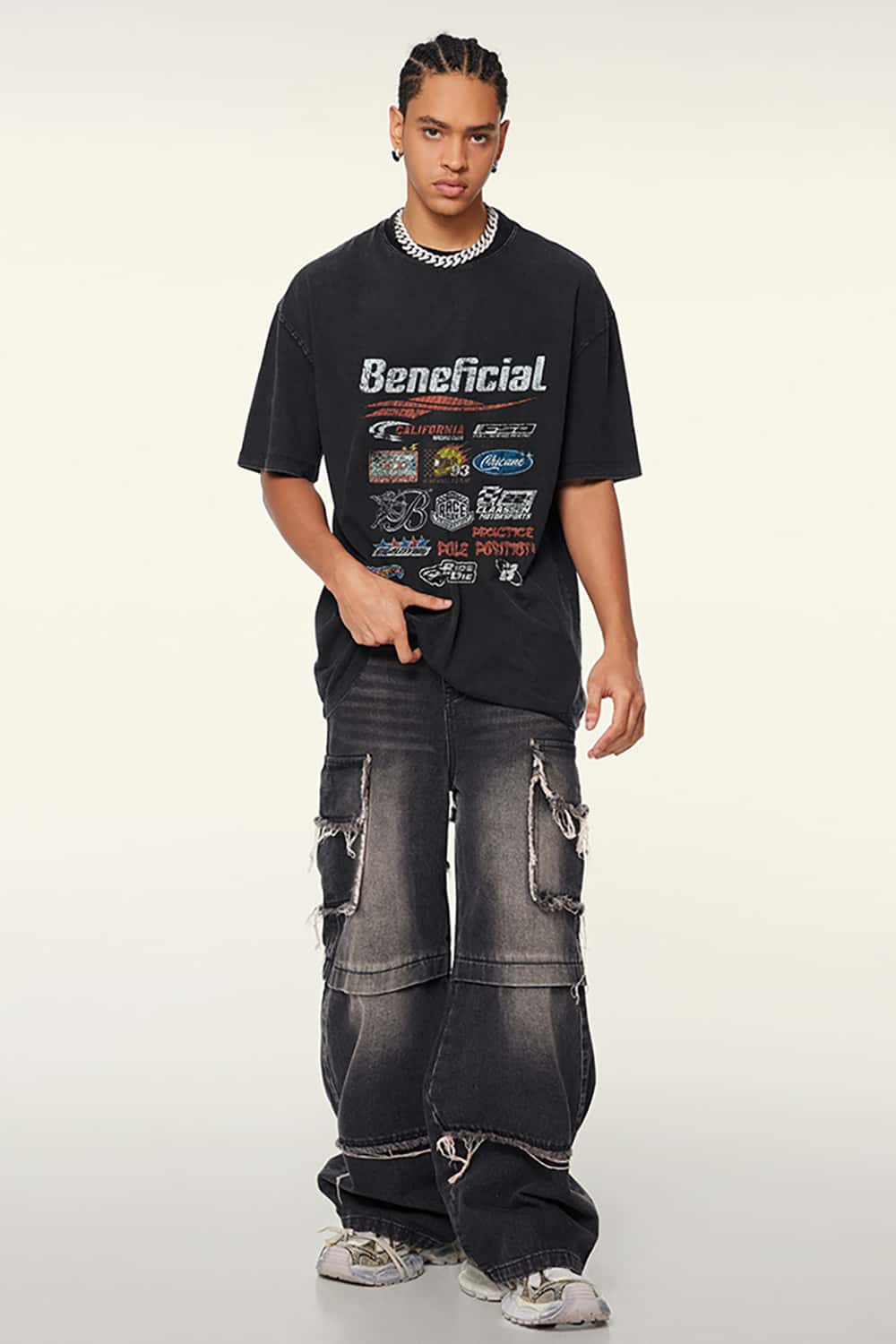 High Street Washed Vintage Loose-Fit Racing Logo Dark Short Sleeve T-Shirt