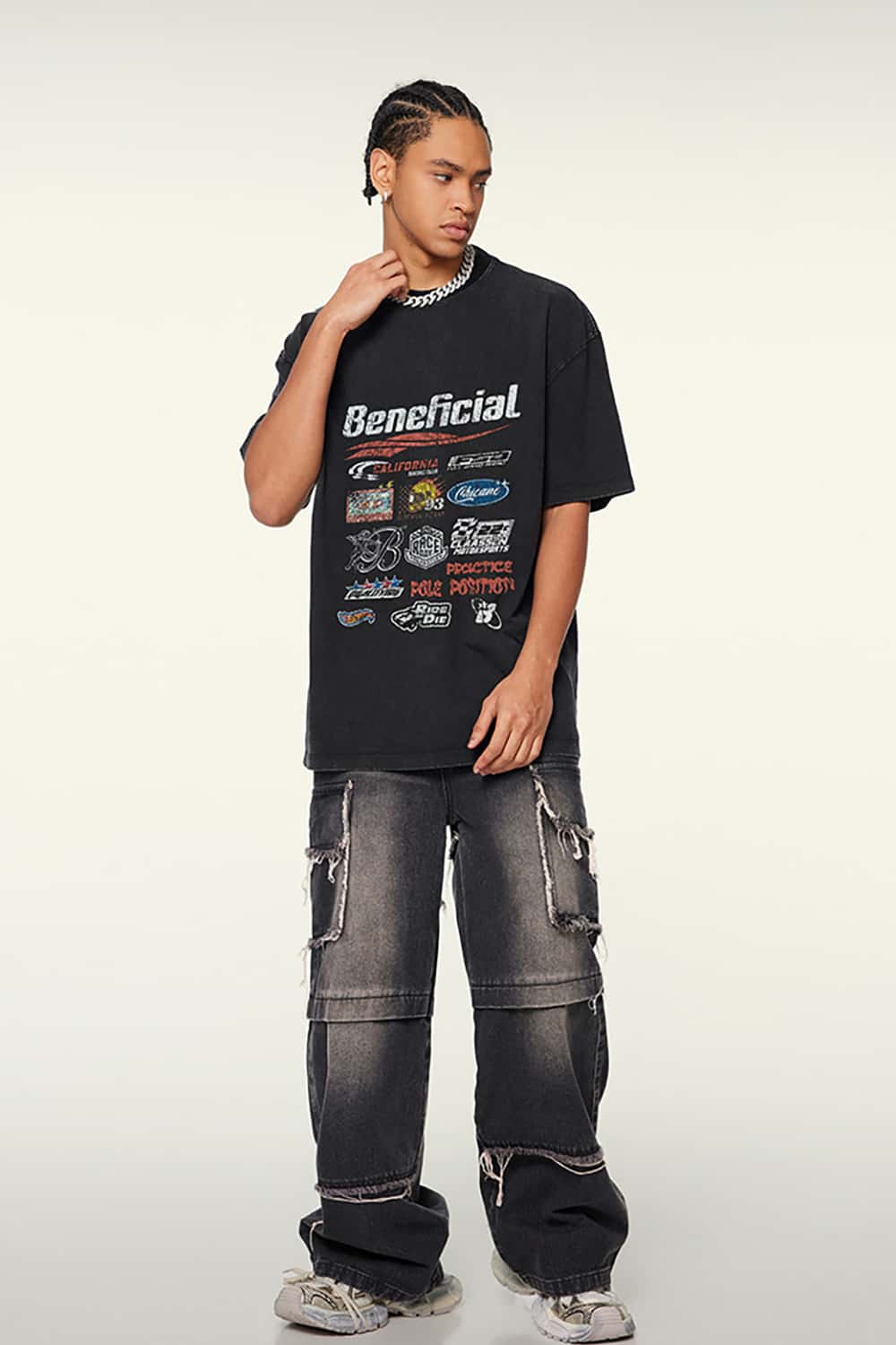High Street Washed Vintage Loose-Fit Racing Logo Dark Short Sleeve T-Shirt