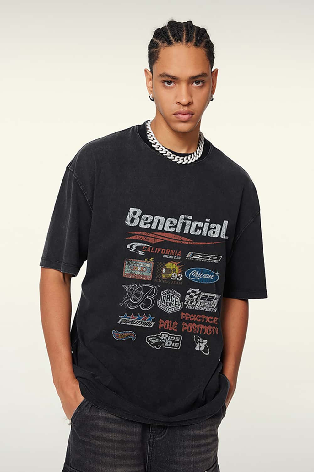 High Street Washed Vintage Loose-Fit Racing Logo Dark Short Sleeve T-Shirt