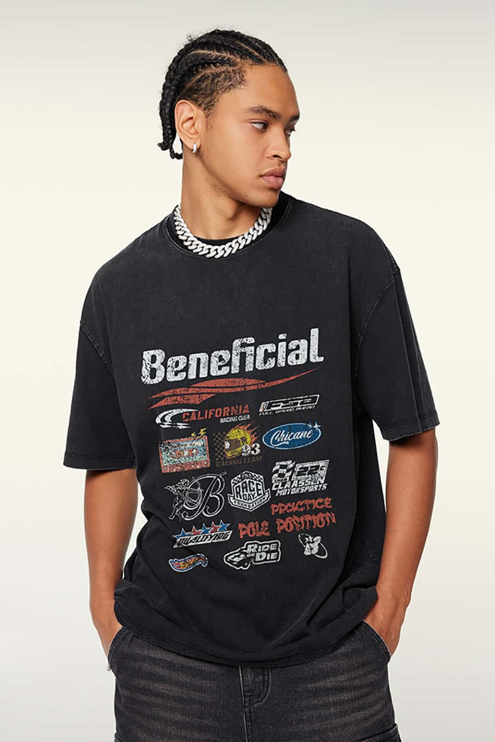 High Street Washed Vintage Loose-Fit Racing Logo Dark Short Sleeve T-Shirt