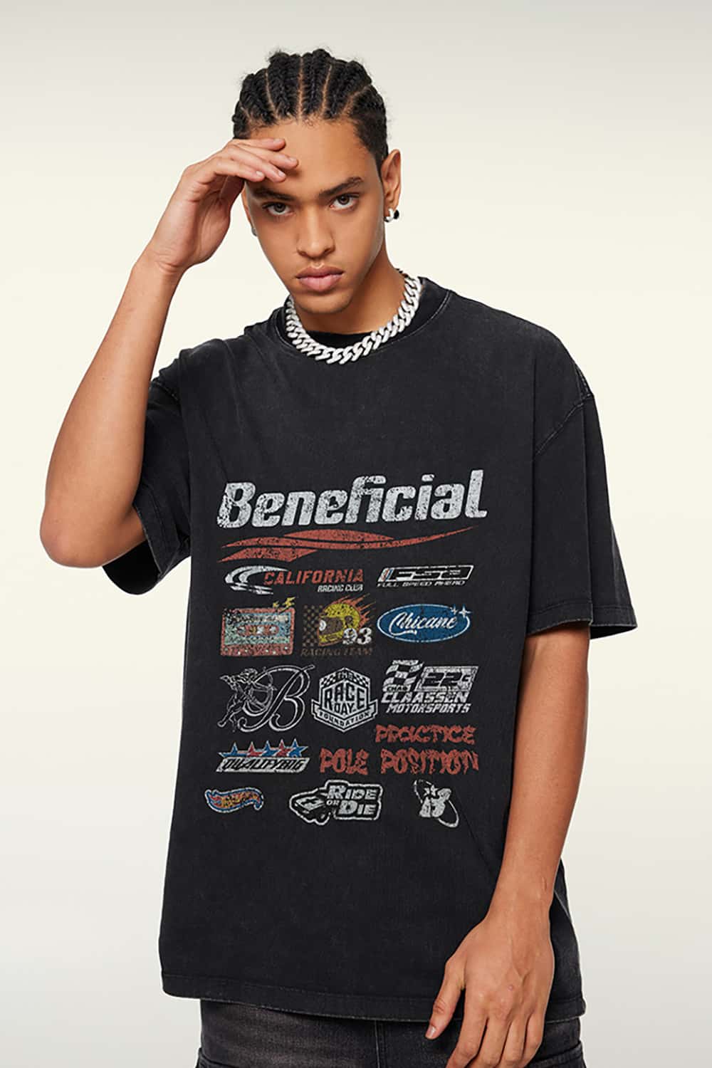 High Street Washed Vintage Loose-Fit Racing Logo Dark Short Sleeve T-Shirt