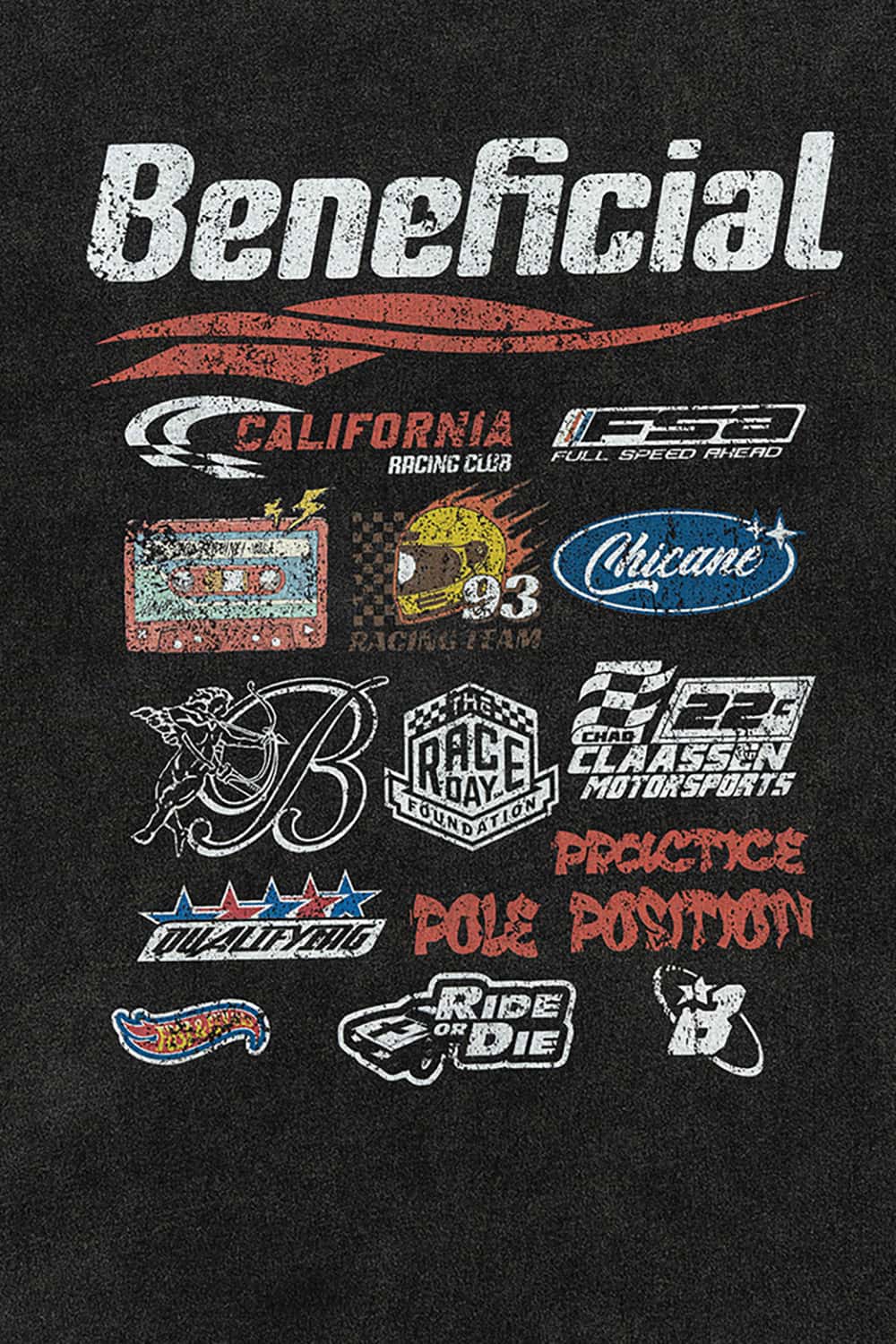 High Street Washed Vintage Loose-Fit Racing Logo Dark Short Sleeve T-Shirt