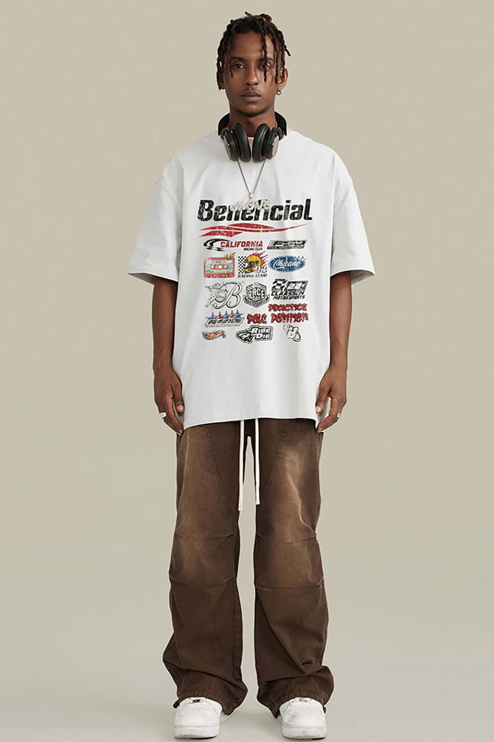 High Street Washed Vintage Loose-Fit Racing Logo Dark Short Sleeve T-Shirt