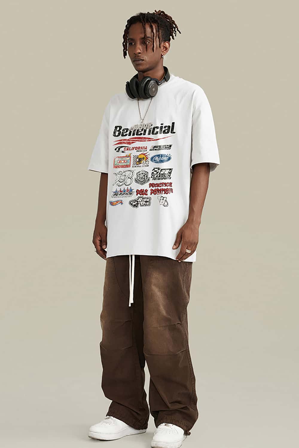 High Street Washed Vintage Loose-Fit Racing Logo Dark Short Sleeve T-Shirt