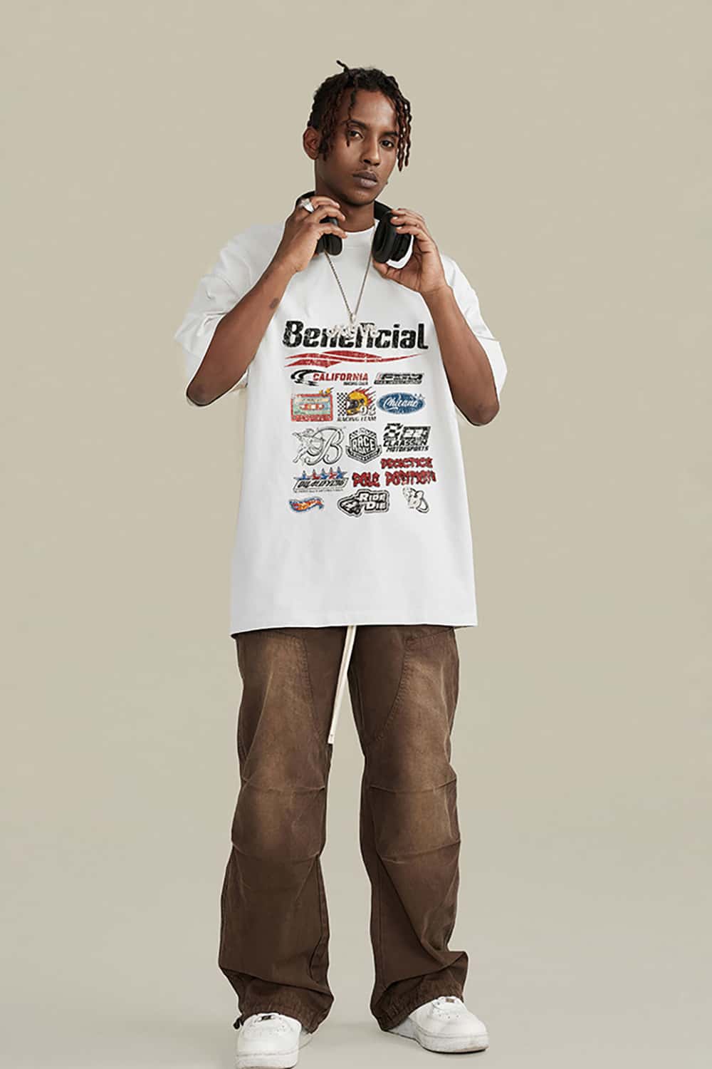 High Street Washed Vintage Loose-Fit Racing Logo Dark Short Sleeve T-Shirt