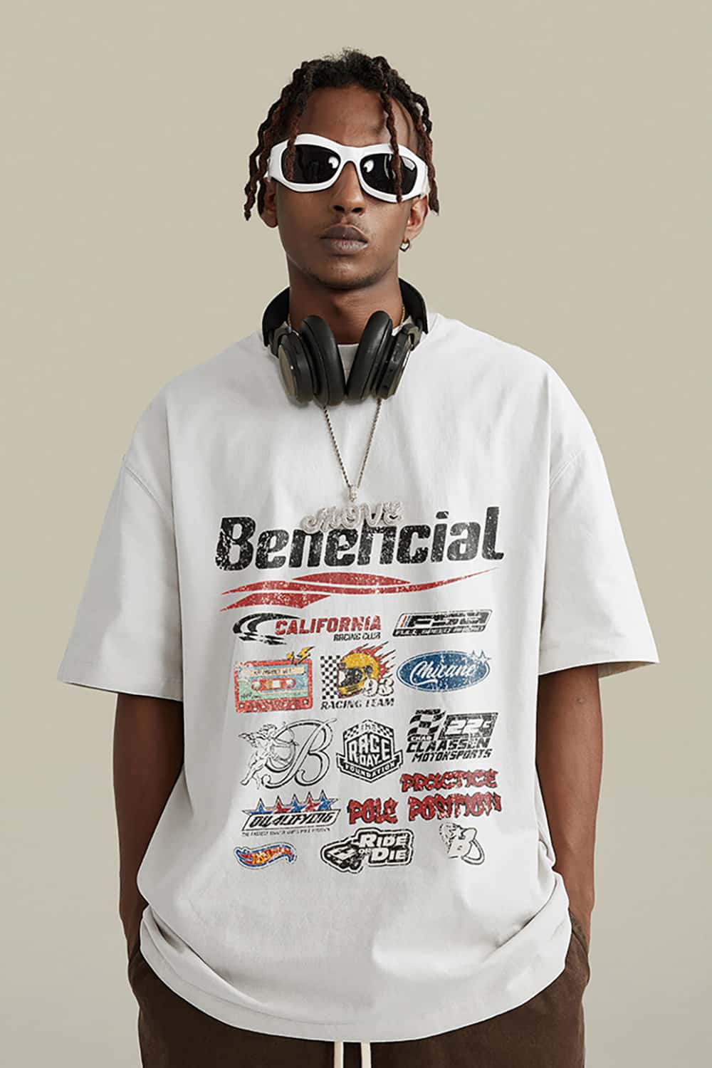 High Street Washed Vintage Loose-Fit Racing Logo Dark Short Sleeve T-Shirt
