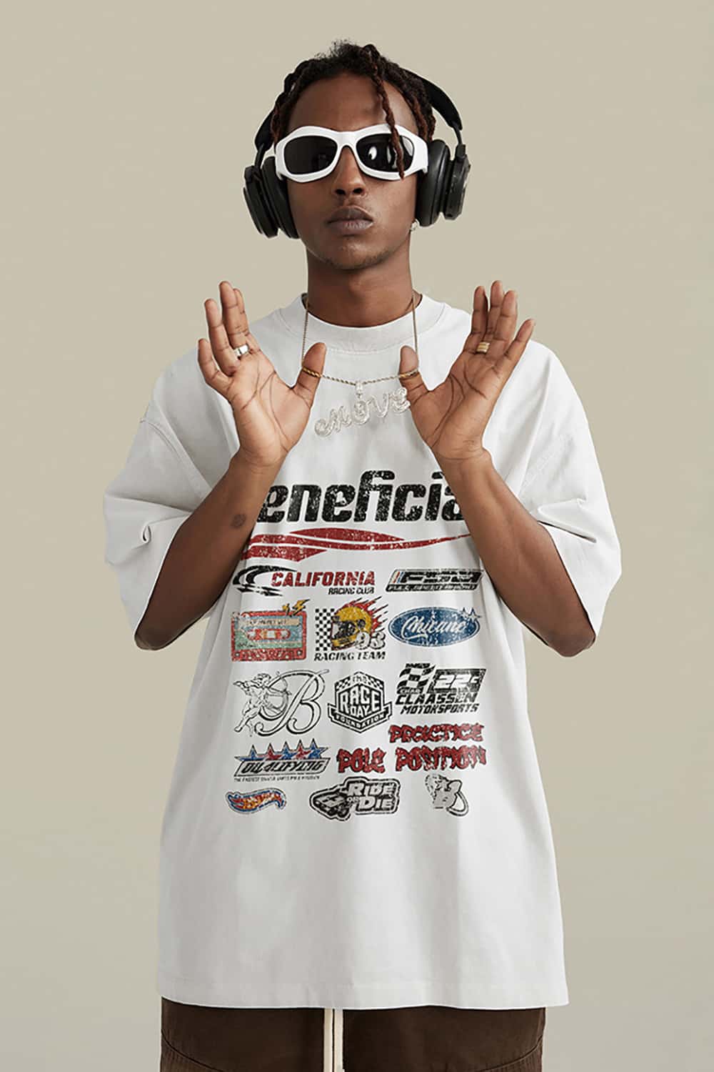 High Street Washed Vintage Loose-Fit Racing Logo Dark Short Sleeve T-Shirt