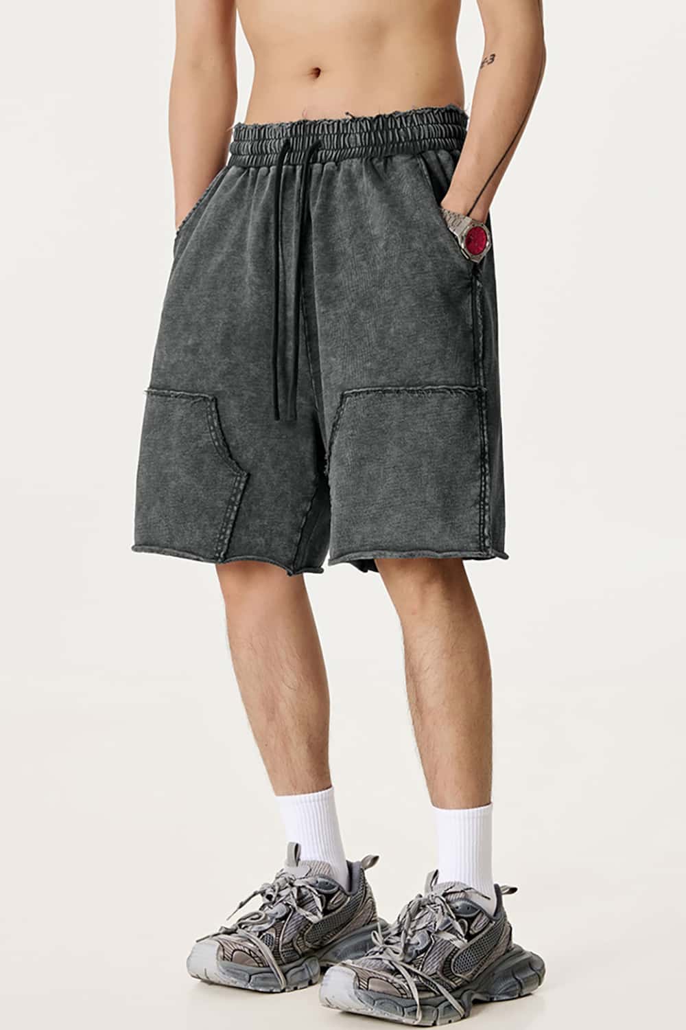 High Street Wax-Dyed Faded Patchwork Casual Cargo Shorts