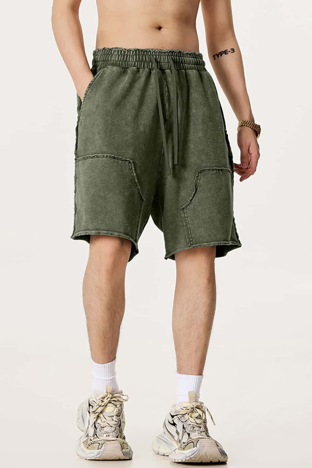 High Street Wax-Dyed Faded Patchwork Casual Cargo Shorts