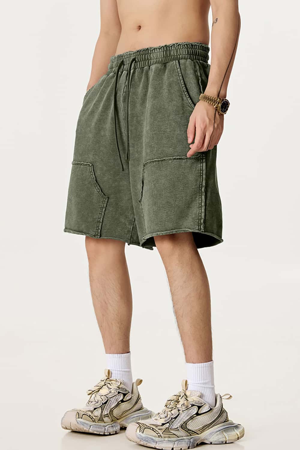 High Street Wax-Dyed Faded Patchwork Casual Cargo Shorts