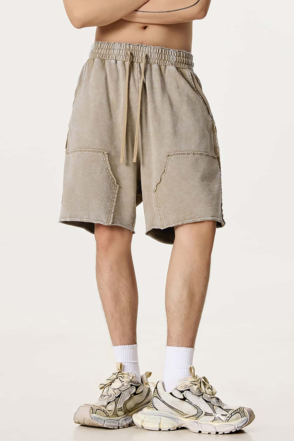 High Street Wax-Dyed Faded Patchwork Casual Cargo Shorts
