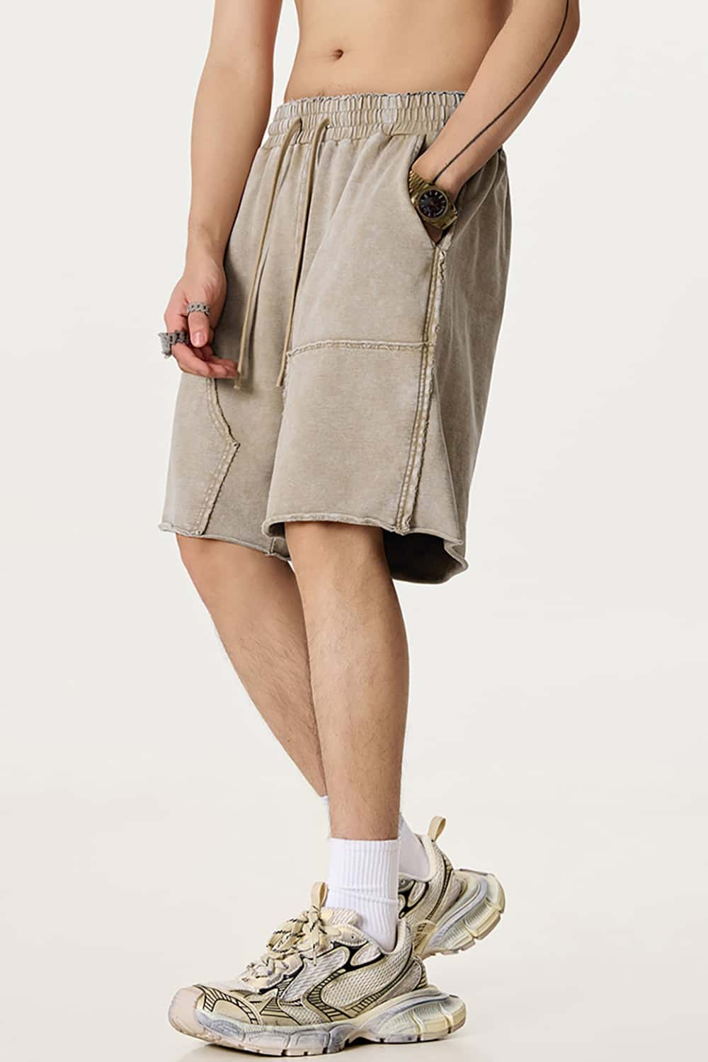 High Street Wax-Dyed Faded Patchwork Casual Cargo Shorts