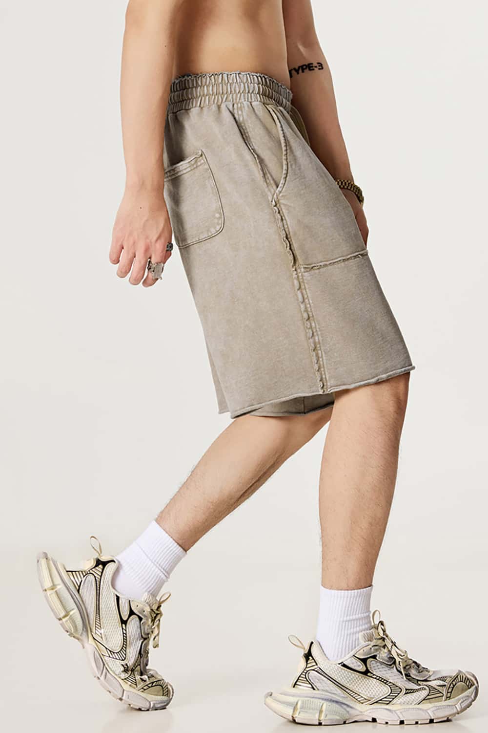 High Street Wax-Dyed Faded Patchwork Casual Cargo Shorts