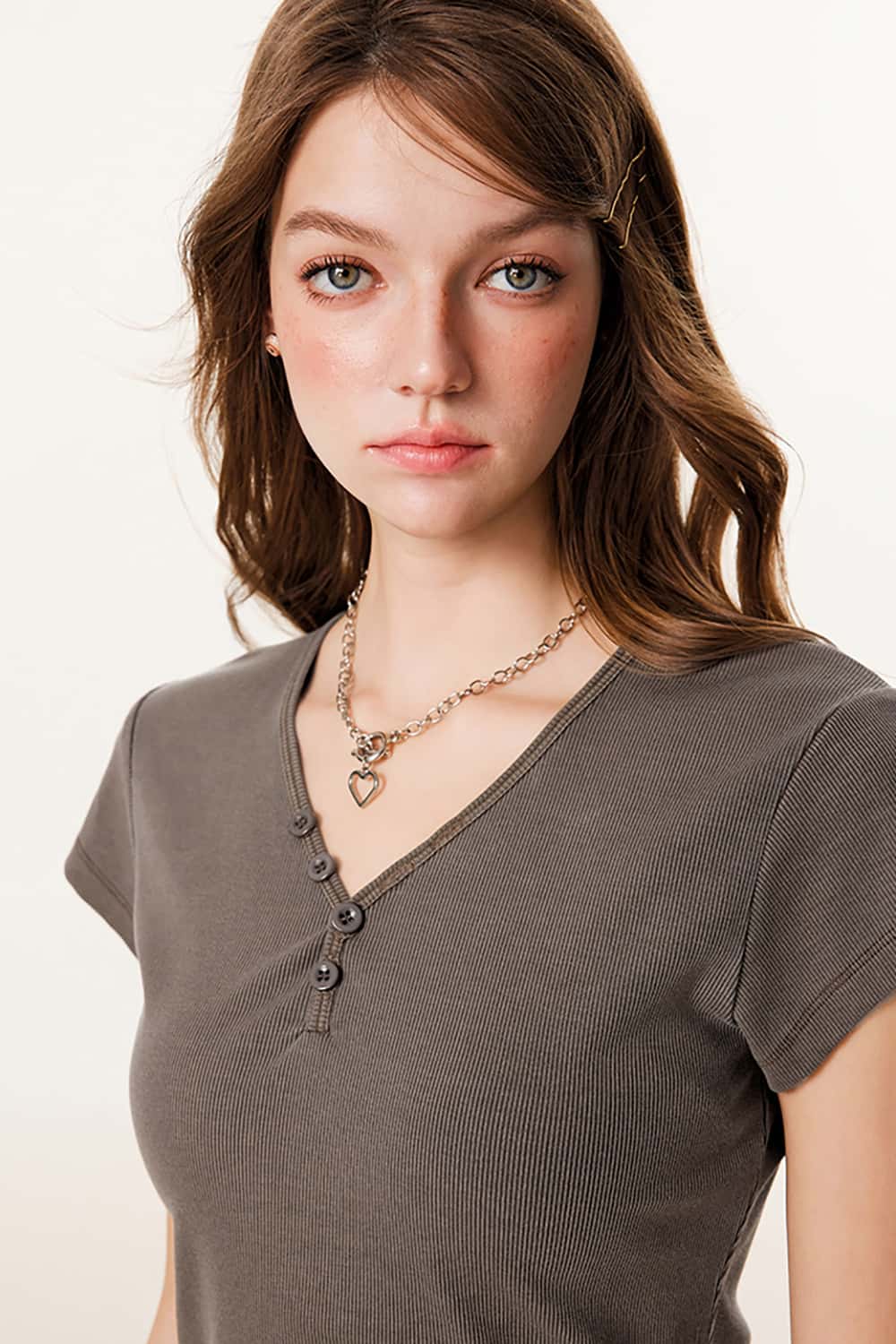 Vintage Fitted Button-Up V-Neck Short Sleeve T-Shirt