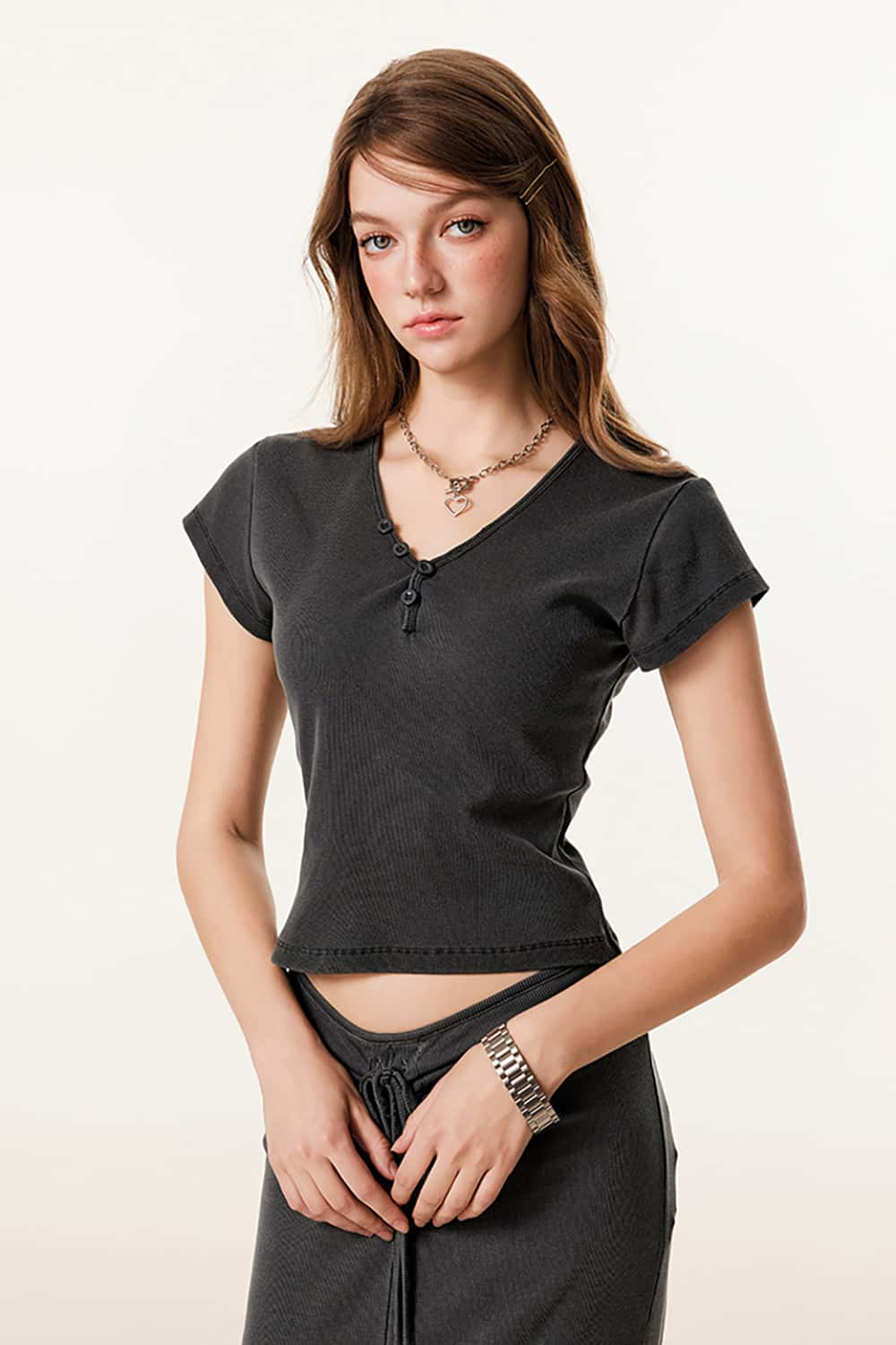 Vintage Fitted Button-Up V-Neck Short Sleeve T-Shirt