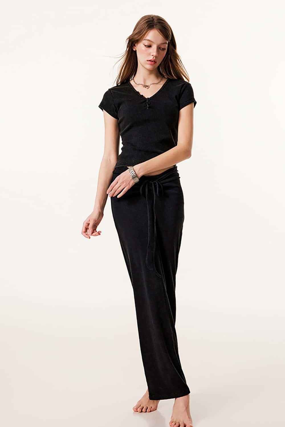 Vintage Fitted Button-Up V-Neck Short Sleeve T-Shirt