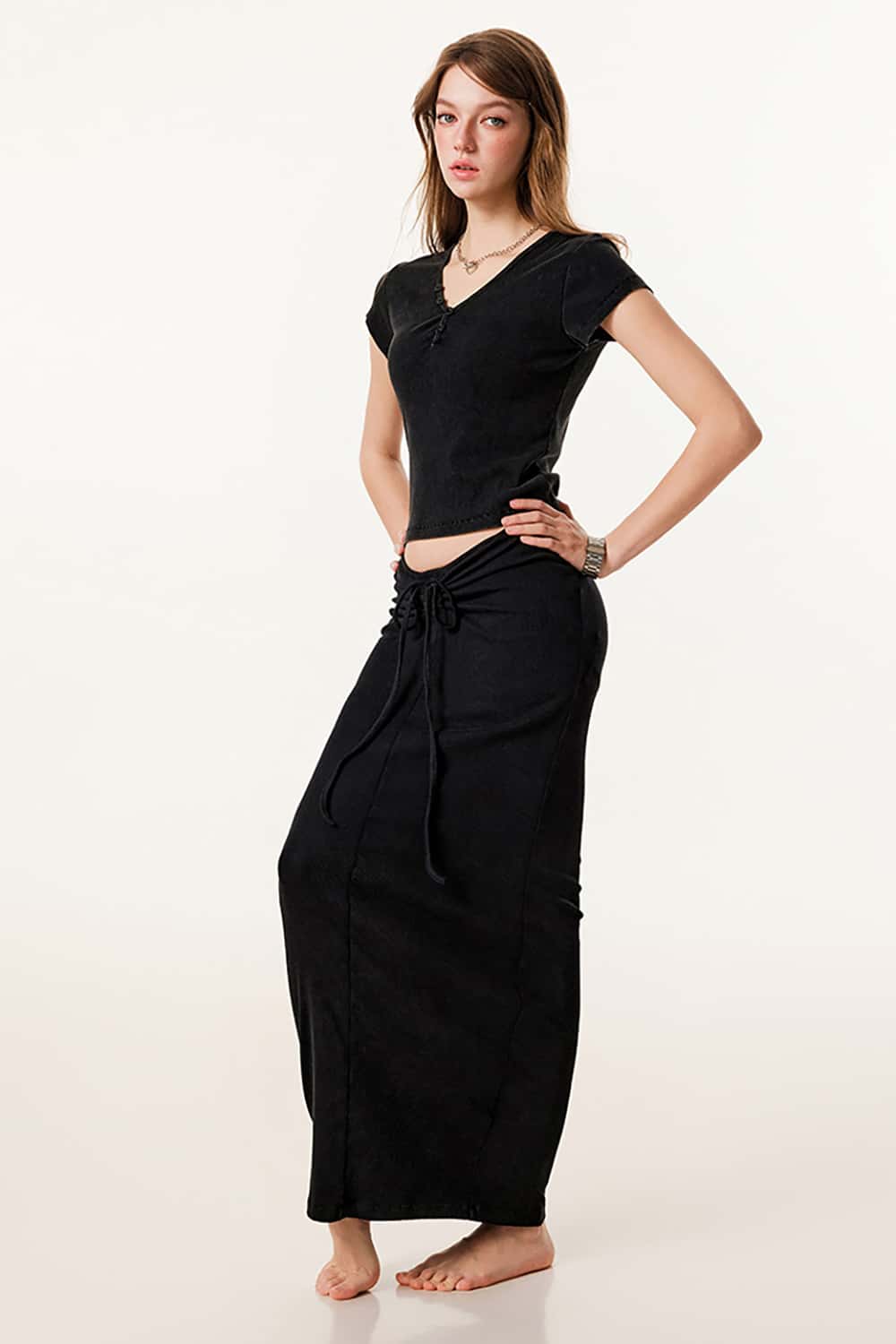 Vintage Fitted Button-Up V-Neck Short Sleeve T-Shirt