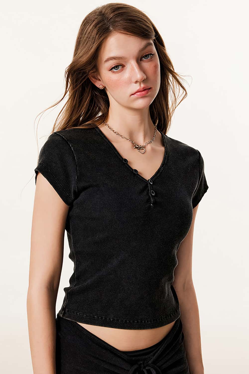 Vintage Fitted Button-Up V-Neck Short Sleeve T-Shirt