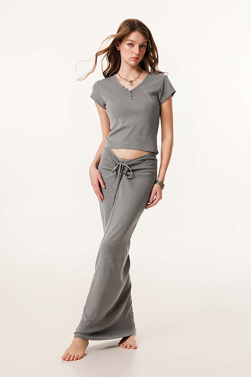 Vintage Fitted Button-Up V-Neck Short Sleeve T-Shirt