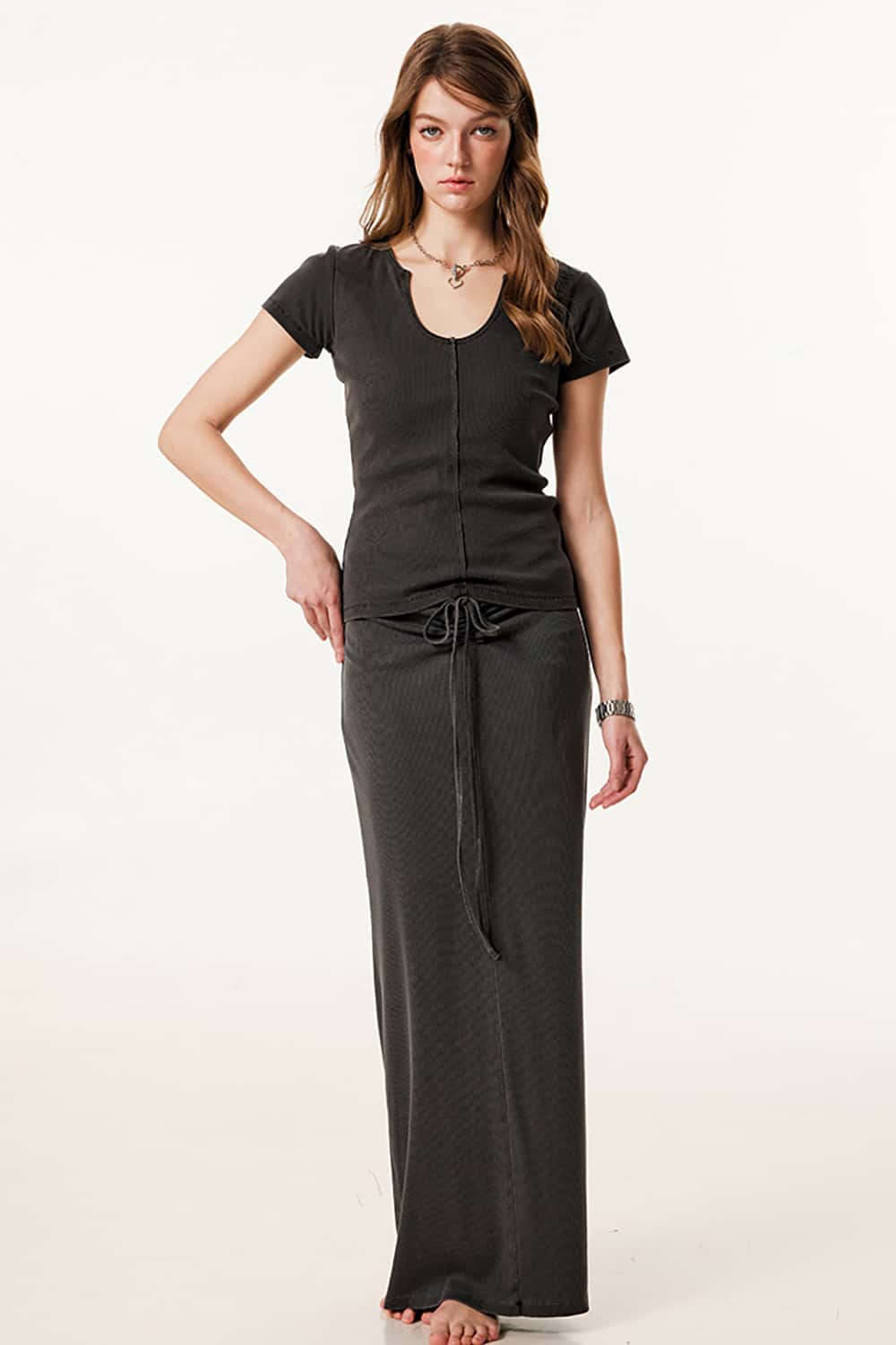 Slim-Fit Deep U-Neck Short Sleeve T-Shirt