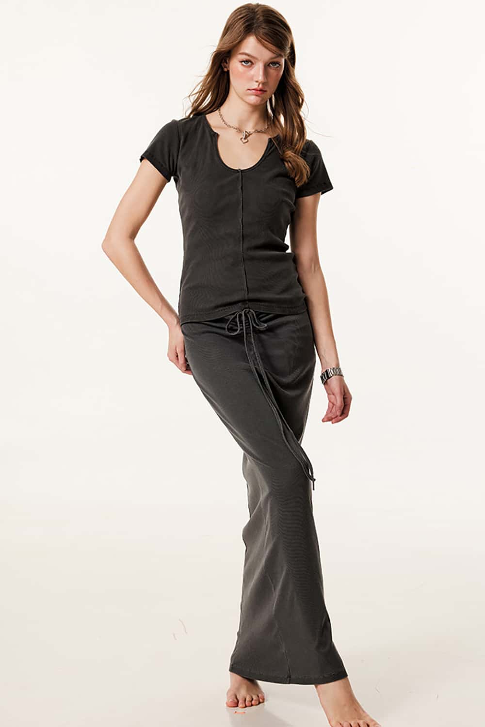 Slim-Fit Deep U-Neck Short Sleeve T-Shirt