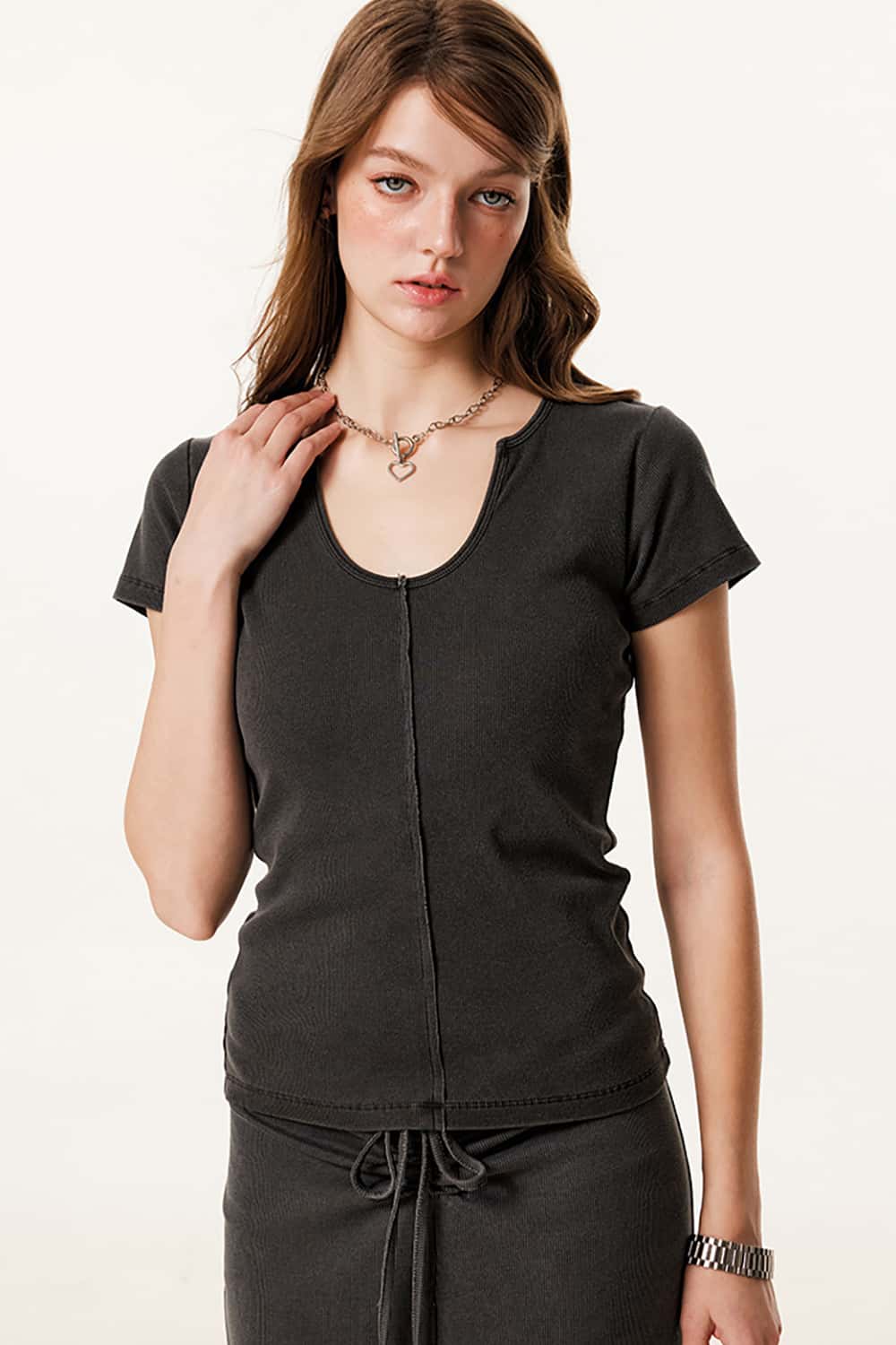 Slim-Fit Deep U-Neck Short Sleeve T-Shirt