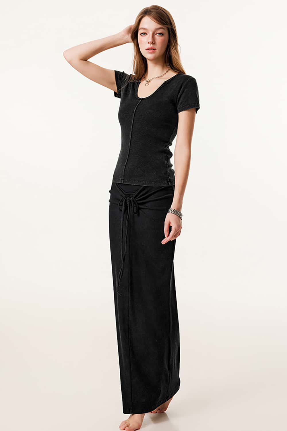 Slim-Fit Deep U-Neck Short Sleeve T-Shirt