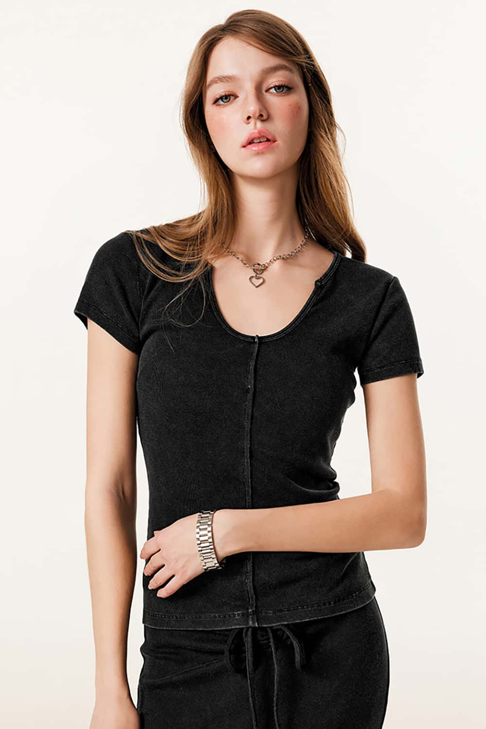 Slim-Fit Deep U-Neck Short Sleeve T-Shirt
