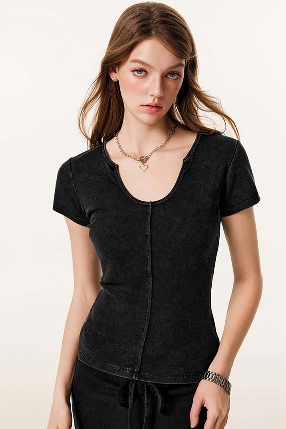 Slim-Fit Deep U-Neck Short Sleeve T-Shirt