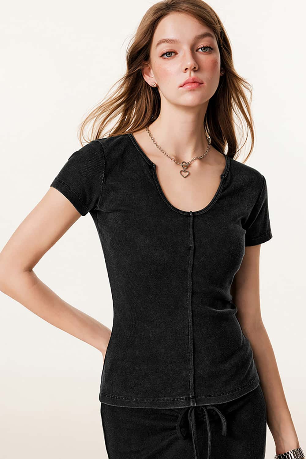 Slim-Fit Deep U-Neck Short Sleeve T-Shirt