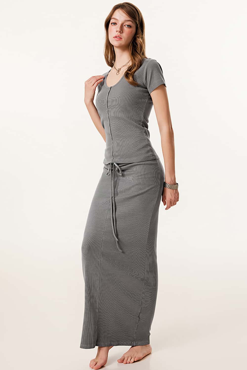 Slim-Fit Deep U-Neck Short Sleeve T-Shirt