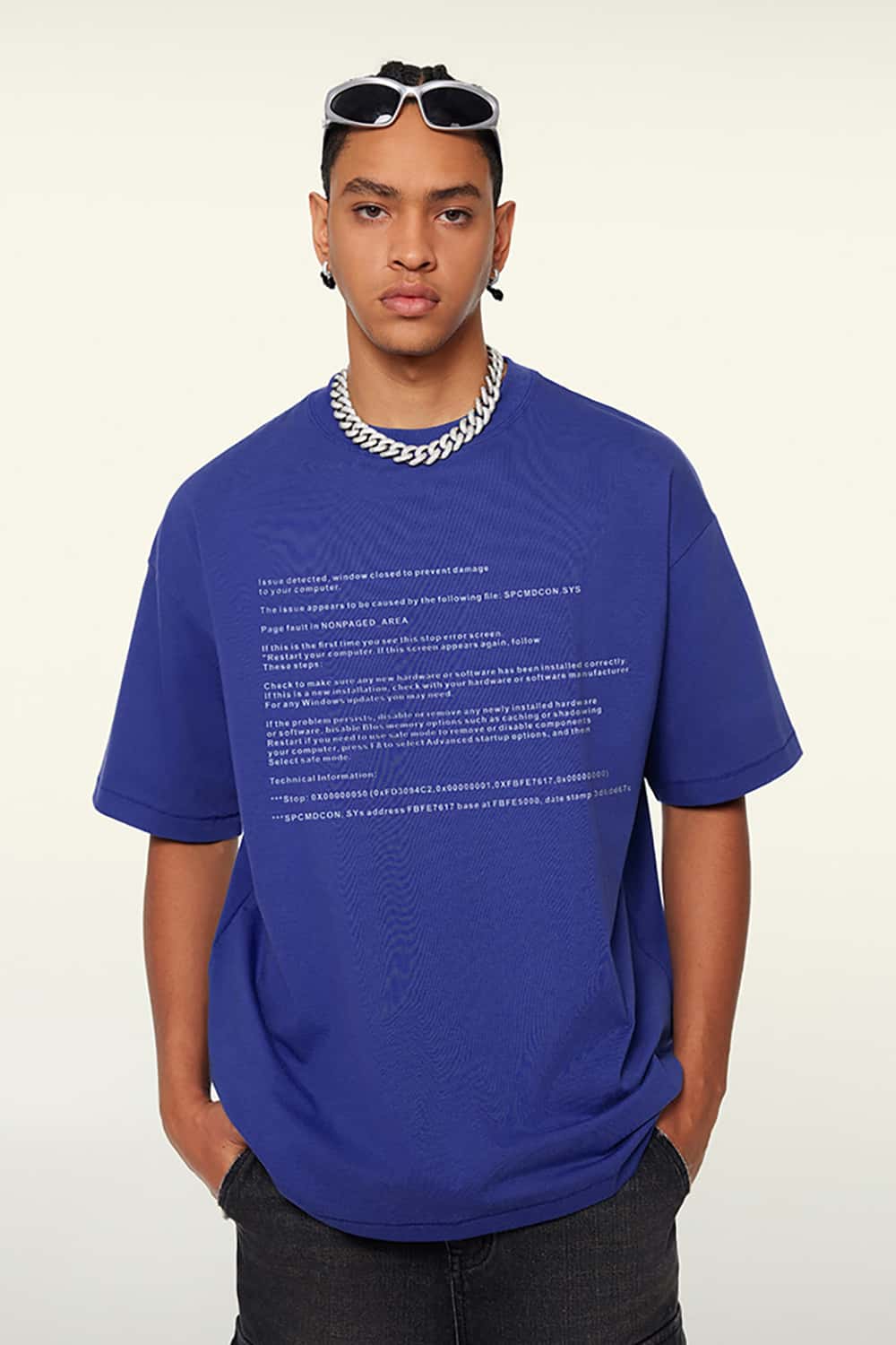 Loose-Fit Blue Screen Error Print Short Sleeve T-Shirt