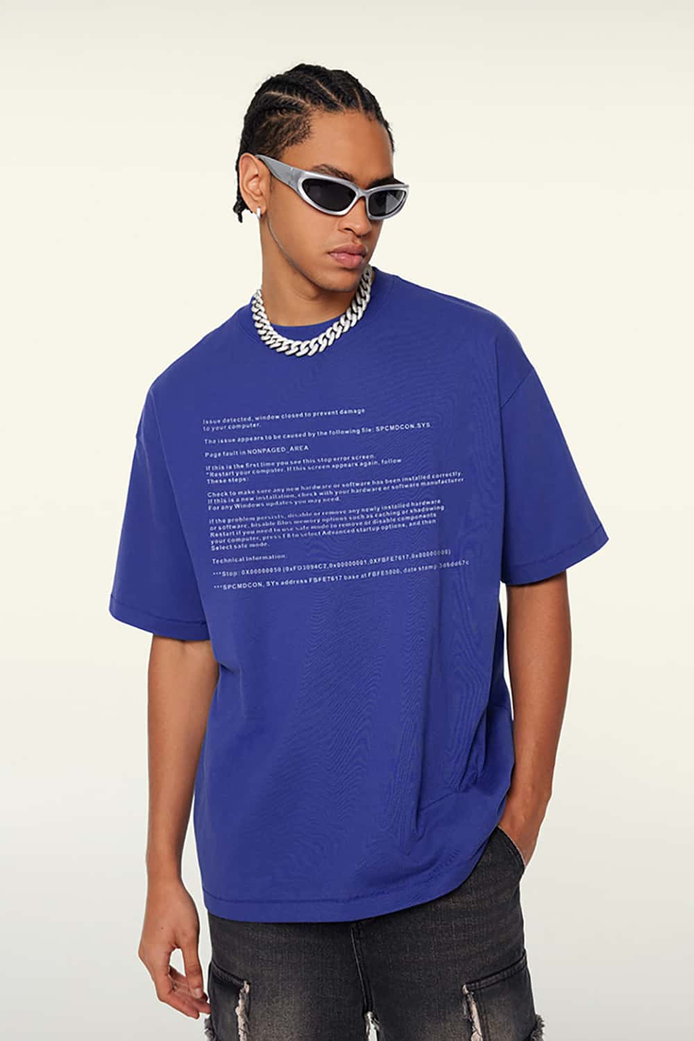 Loose-Fit Blue Screen Error Print Short Sleeve T-Shirt
