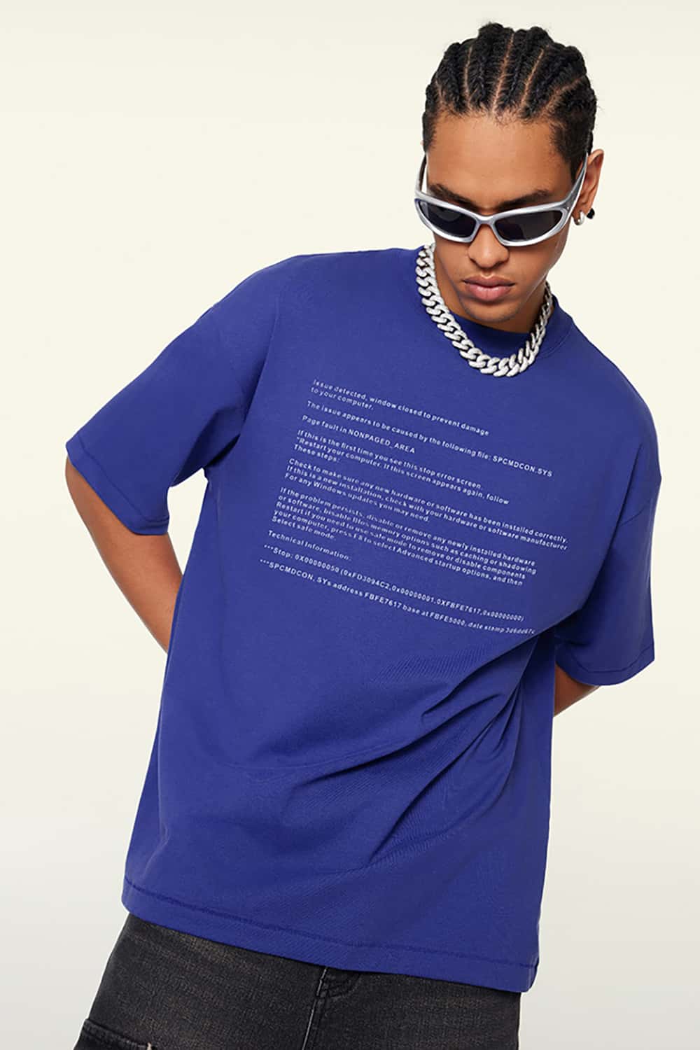 Loose-Fit Blue Screen Error Print Short Sleeve T-Shirt