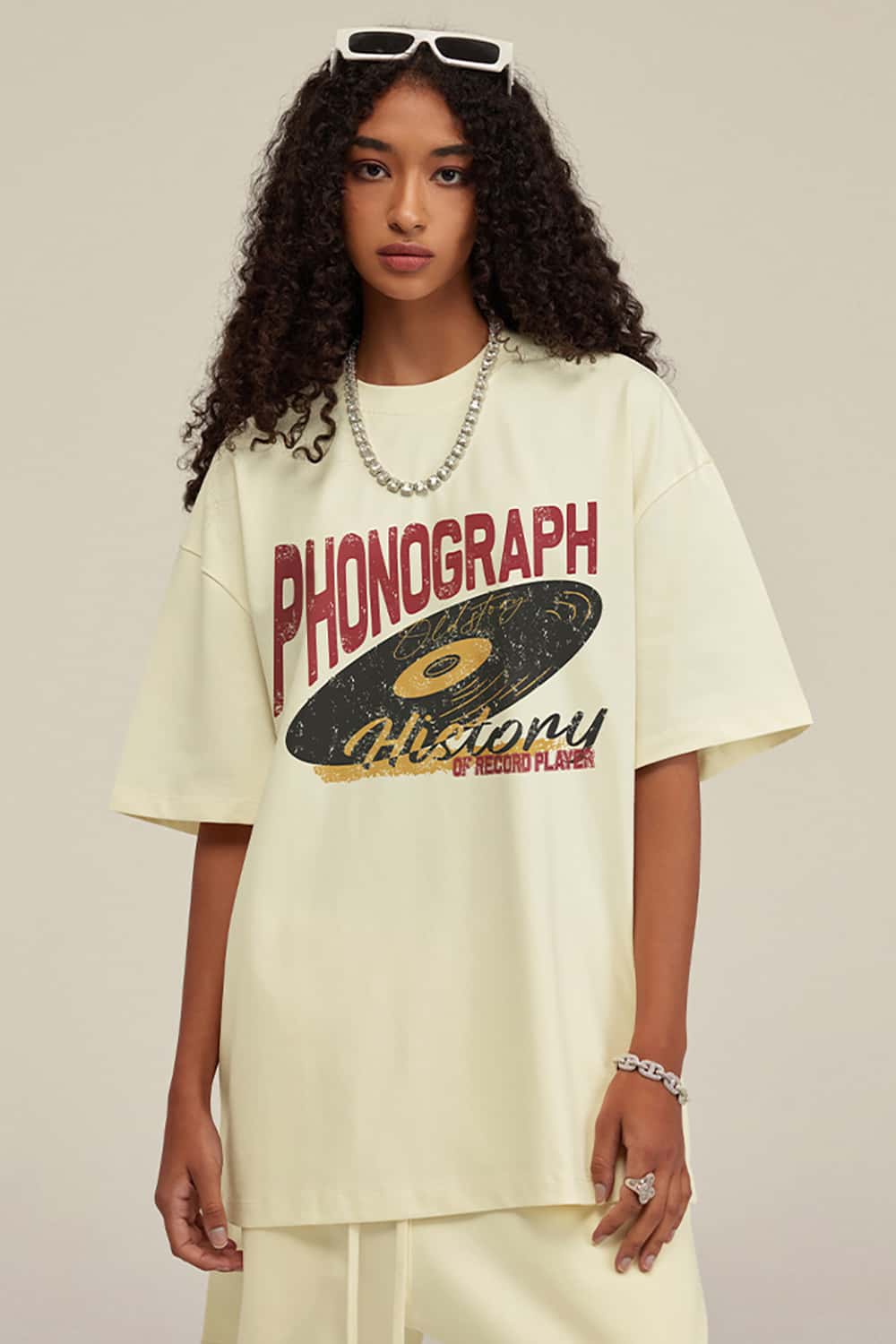 Vintage Loose-Fit Neutral Crew Neck Phonograph T-Shirt