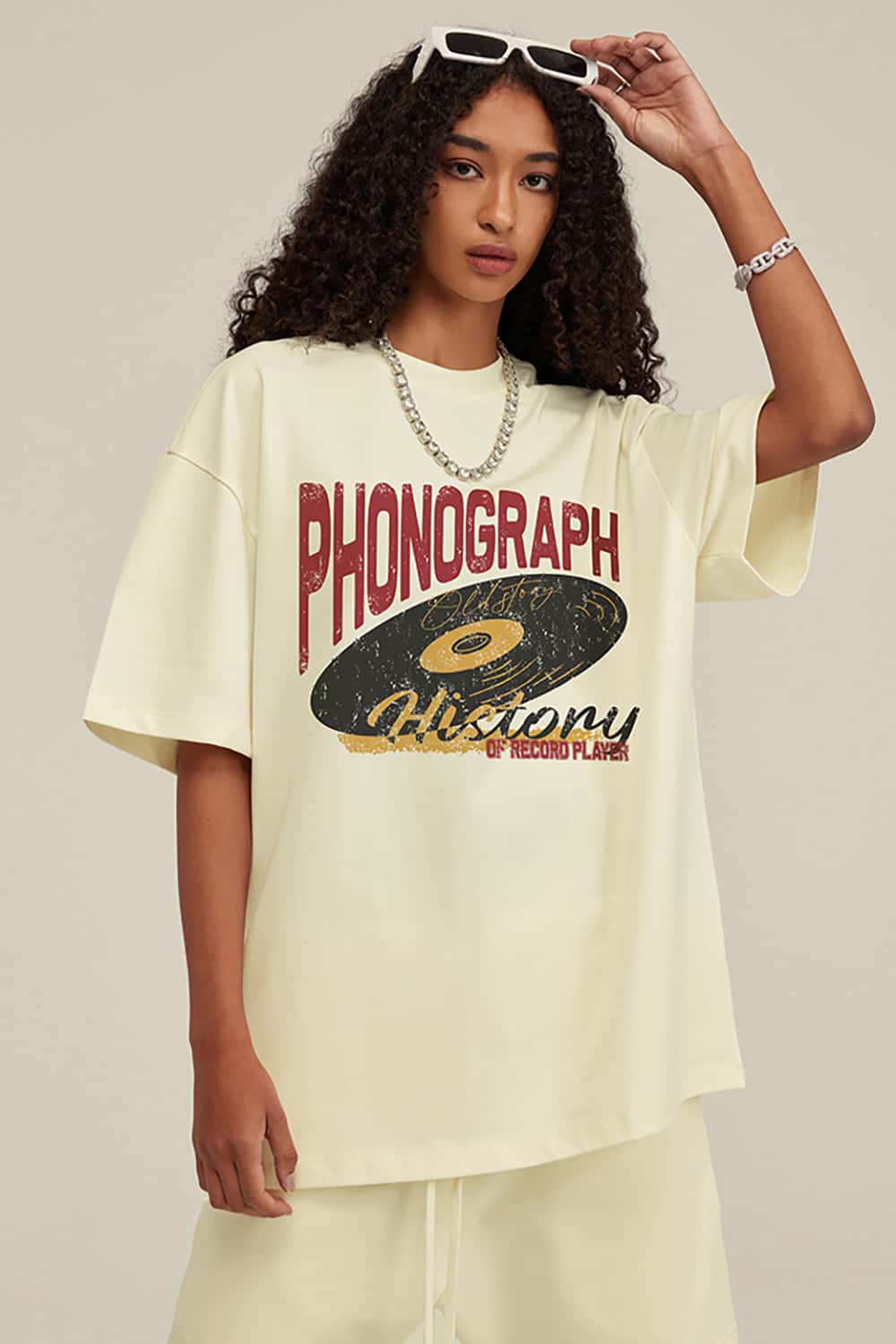 Vintage Loose-Fit Neutral Crew Neck Phonograph T-Shirt