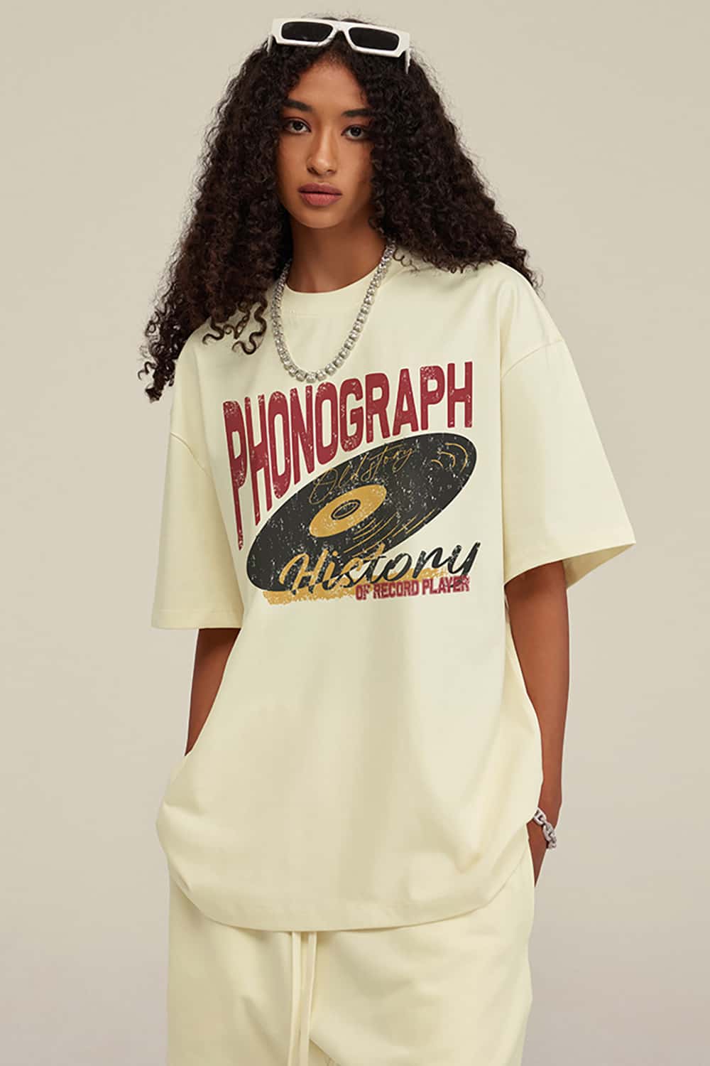 Vintage Loose-Fit Neutral Crew Neck Phonograph T-Shirt